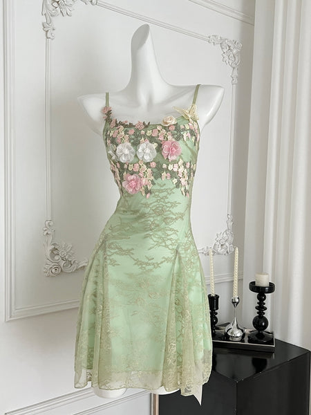 Enchanting Green Floral Embroidered Mini Dress