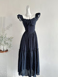 Elegant Polka Dot Square Neck Tiered Midi Dress