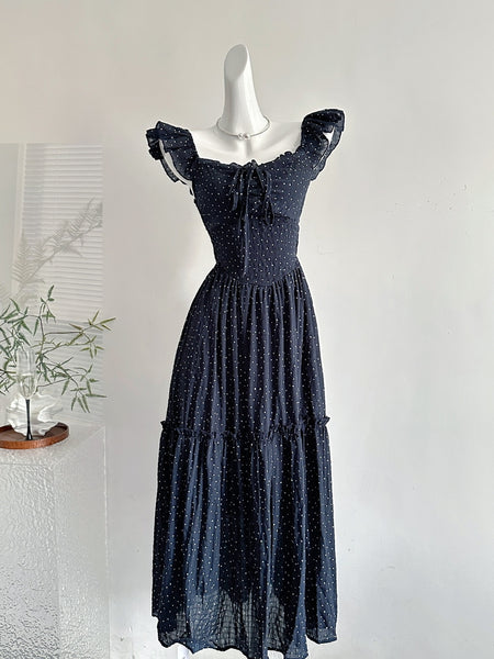Elegant Polka Dot Square Neck Tiered Midi Dress