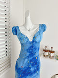 Puff Sleeves Embroidered Celestial Motifs Blue Midi Dress