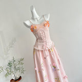 Corset Straps Flower Two Piece Pink Satin Dress