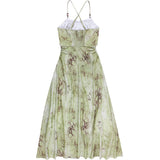 Spaghetti Strap Leaf Print Ruched Maxi A-Line Dress