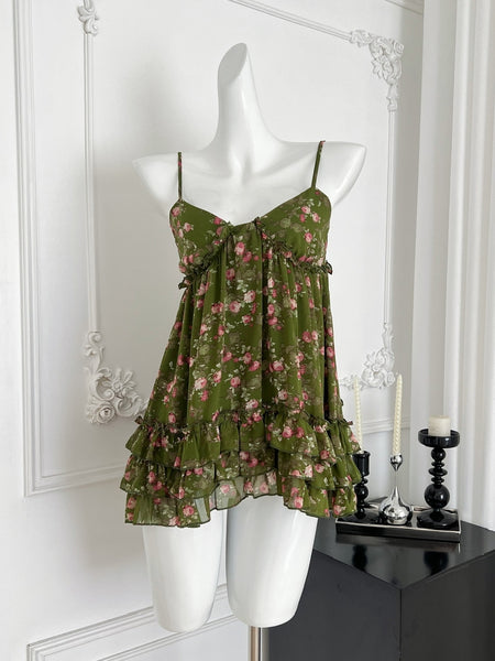 Green Floral Print Spaghetti Strap Top