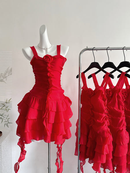 Ruffled Layers Rose Embellishment Red Strappy Mini Dress