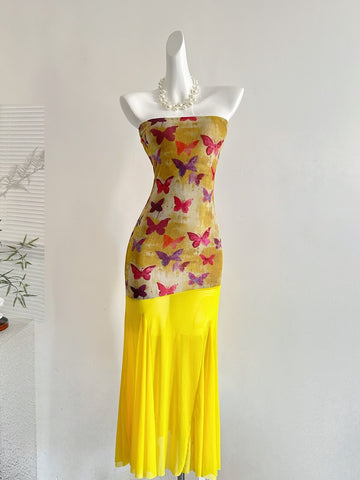Vibrant Butterfly Print Strapless Midi Dress