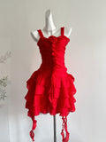 Ruffled Layers Rose Embellishment Red Strappy Mini Dress