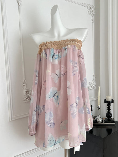 Pretty Pink Off Shoulder Butterfly Print Blouse