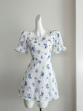 Blue Floral Print Ruffled Trim Short Sleeve Mini Dress