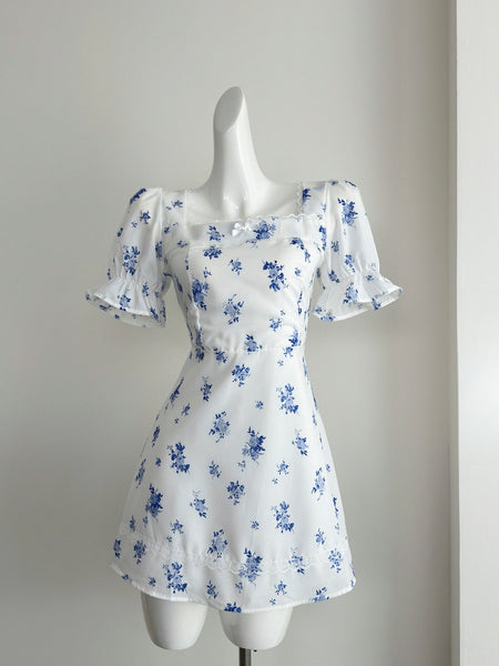 Blue Floral Print Ruffled Trim Short Sleeve Mini Dress