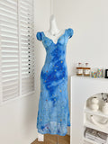 Puff Sleeves Embroidered Celestial Motifs Blue Midi Dress