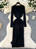 Flattering V-Neck Slit Vibrant Orange Knit Dress