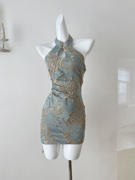 Exquisite Floral Embroidery Halter Mini Dress