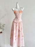 Corset Straps Flower Two Piece Pink Satin Dress