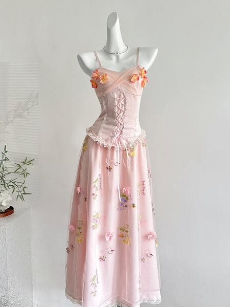 Corset Straps Flower Two Piece Pink Satin Dress