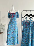 Charming Blue Floral Off Shoulder Midi Dress