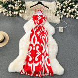 Eye-Catching White Geometric Red Maxi Dress