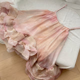 Romantic Ombre Pink Ruffled Spaghetti Strap Dress