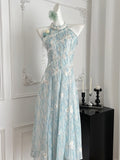 Floral Light Blue Halter Maxi Dress