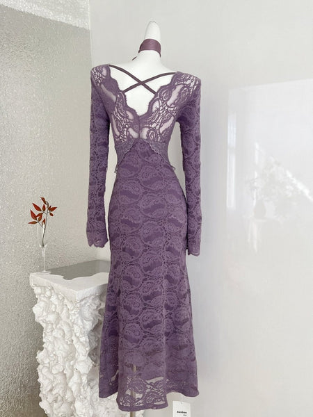 chinese dress ladies Metallic-Lace Long Mermaid Prom Dress J810 Dusty Lavender / 2
