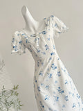 Blue Floral Print Puff Sleeves White Midi Dress