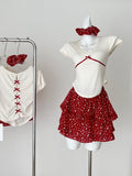 Cute White & Red Floral Print Outfit Set