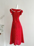 White Pattern Summer Ruffled Red Midi Dress