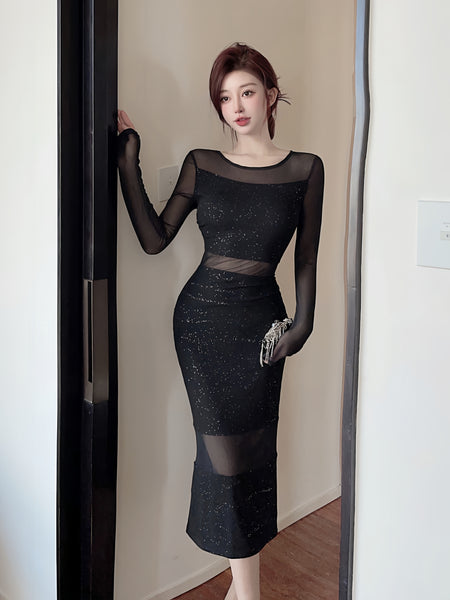2023 Long-Sleeve Black Glitter Party Dress with Sheer Overlay Ncocon 2023 Long-Sleeve Black Glitter Party Dress with Sheer Overlay Ncocon