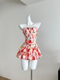 Vibrant Floral Print Strapless Peplum Top Skirt Set