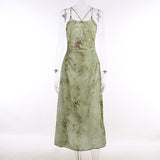 Spaghetti Strap Leaf Print Ruched Maxi A-Line Dress