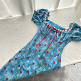 Charming Blue Floral Off Shoulder Midi Dress