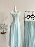 Dreamy Light Blue Tulle Square Neck Midi Dress