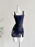 Celestial Embroidery Square Black Mini Dress