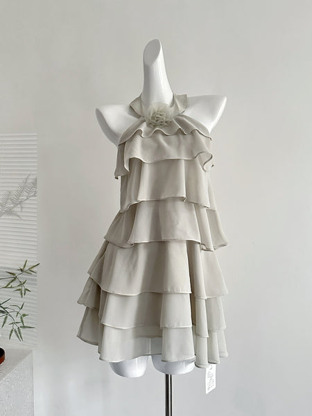 Flower Embellishment Beige Halter Neck Tiered Mini Dress