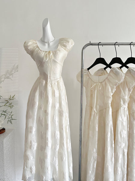 Puff Sleeves Delicate Floral Embroidery Maxi Dress