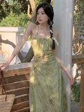 Spaghetti Strap Leaf Print Ruched Maxi A-Line Dress