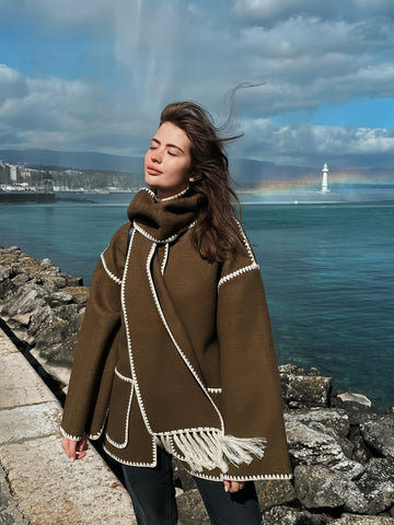 Fashionable Woolen Jacket With Scarf And Tassels