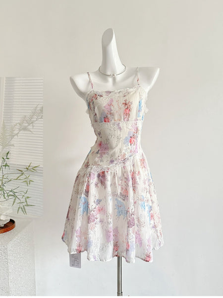 Lace Floral Print Spaghetti Strap Mini Dress