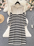 Zippered Collar Striped Knit Midi Dress