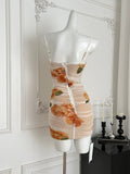 Floral Print Lace Trimmed Straps Ruched Bodycon Mini Dress