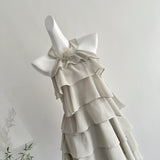 Flower Embellishment Beige Halter Neck Tiered Mini Dress