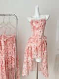 Ruffled Layers Asymmetrical Pink Floral Strappy Dress