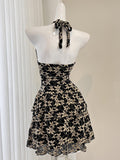 Elegant Black Print Cream Lace Halter Dress