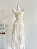 Elegant Polka Dot Square Neck Tiered Midi Dress