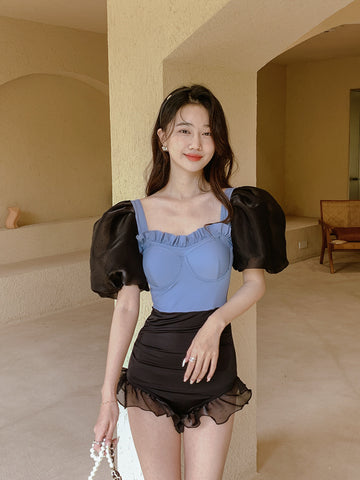 Puff Sleeve Cute One Piece Swimsuit Women's Summer Bikini
