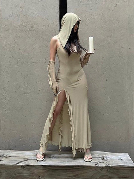 Designer Ruffles Mesh Midi Hooded Dress