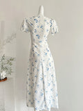 Blue Floral Print Puff Sleeves White Midi Dress
