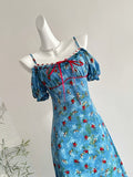Charming Blue Floral Off Shoulder Midi Dress
