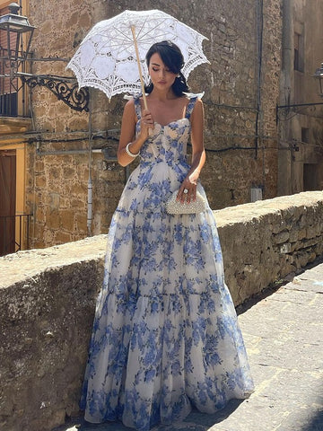 Blue Floral Print Long Maxi Dress