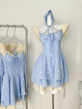 Blue Gingham Dress with Hood & Lace Accents