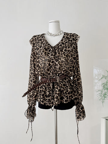 Long Sleeve Ruffle Hem Leopard Print Dress with Belt
